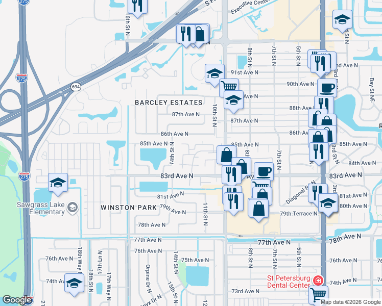 map of restaurants, bars, coffee shops, grocery stores, and more near 8507 12th Way North in St. Petersburg