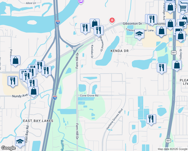 map of restaurants, bars, coffee shops, grocery stores, and more near 10021 Crested Fringe Drive in Riverview