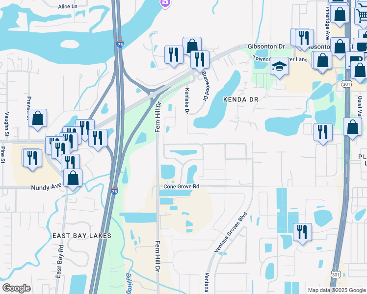 map of restaurants, bars, coffee shops, grocery stores, and more near 10021 Crested Fringe Drive in Riverview
