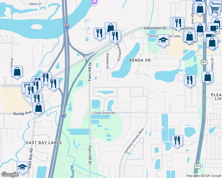 map of restaurants, bars, coffee shops, grocery stores, and more near 10103 Crested Fringe Drive in Riverview