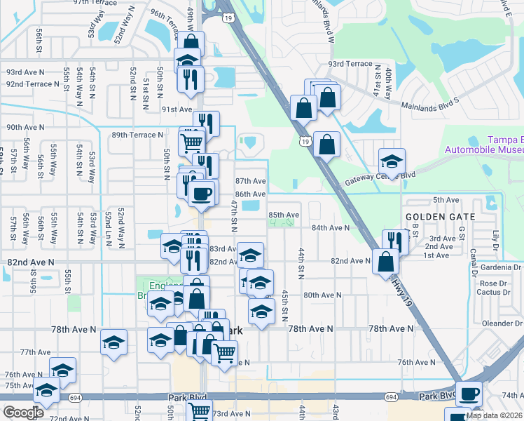 map of restaurants, bars, coffee shops, grocery stores, and more near 4611 84th Terrace in Pinellas Park