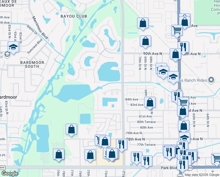 map of restaurants, bars, coffee shops, grocery stores, and more near 8500 Belcher Road in Pinellas Park