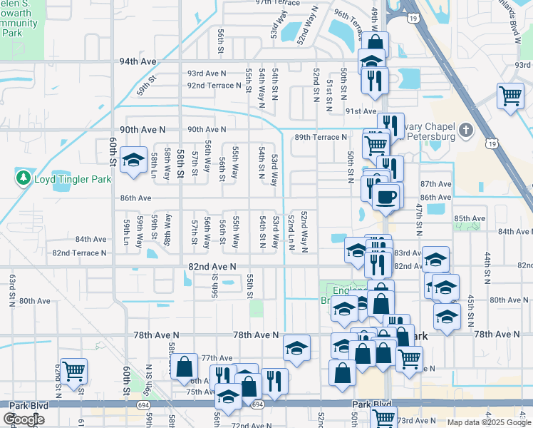map of restaurants, bars, coffee shops, grocery stores, and more near 8501 54th Street North in Pinellas Park