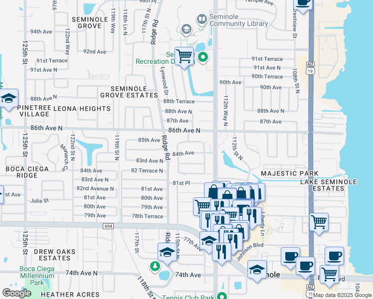 map of restaurants, bars, coffee shops, grocery stores, and more near 8422 Ridgewood Circle West in Seminole