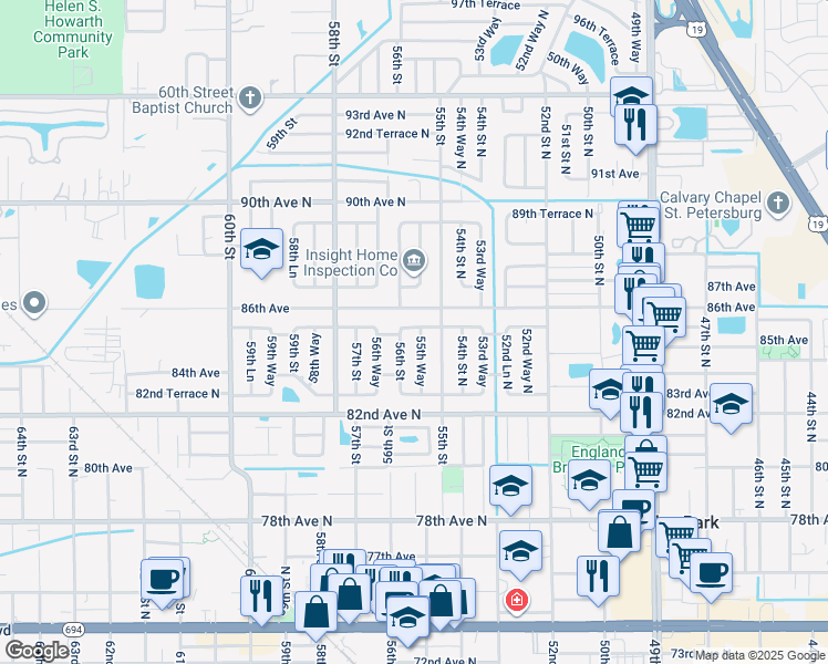 map of restaurants, bars, coffee shops, grocery stores, and more near 8470 56th Street in Pinellas Park