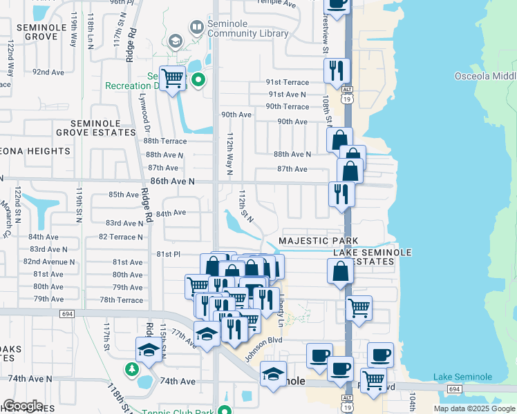map of restaurants, bars, coffee shops, grocery stores, and more near 8402 111th Street North in Seminole