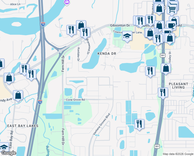 map of restaurants, bars, coffee shops, grocery stores, and more near 10239 Strawberry Tetra Drive in Riverview