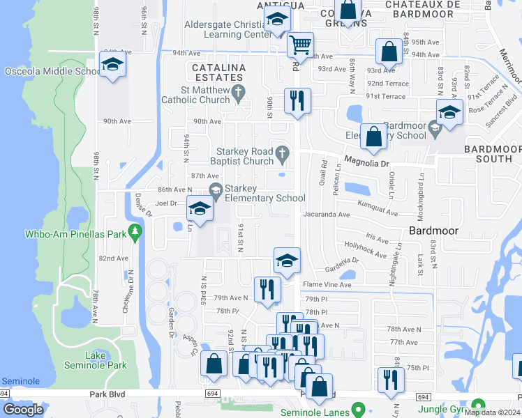 map of restaurants, bars, coffee shops, grocery stores, and more near 9082 84th Terrace in Seminole