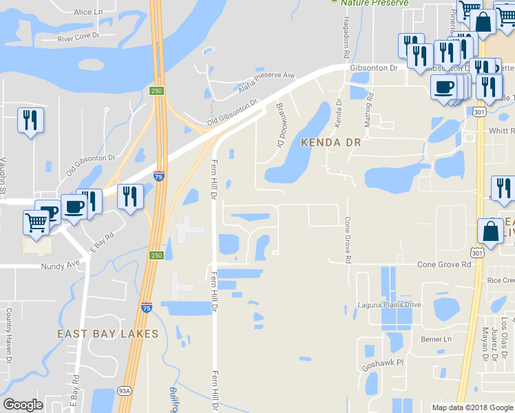map of restaurants, bars, coffee shops, grocery stores, and more near 10021 Crested Fringe Drive in Riverview