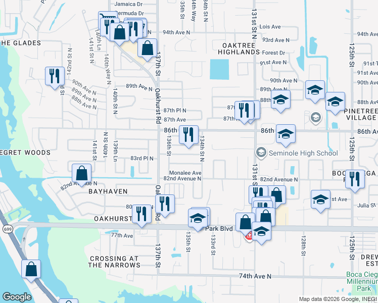 map of restaurants, bars, coffee shops, grocery stores, and more near 13499 Bellwood Avenue North in Seminole