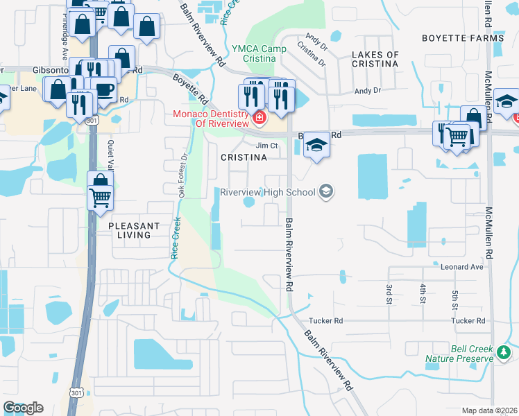 map of restaurants, bars, coffee shops, grocery stores, and more near 10406 Tree Skylark Place in Riverview