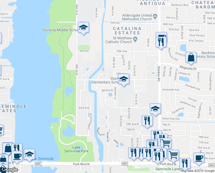 map of restaurants, bars, coffee shops, grocery stores, and more near 9470 Joel Drive in Seminole