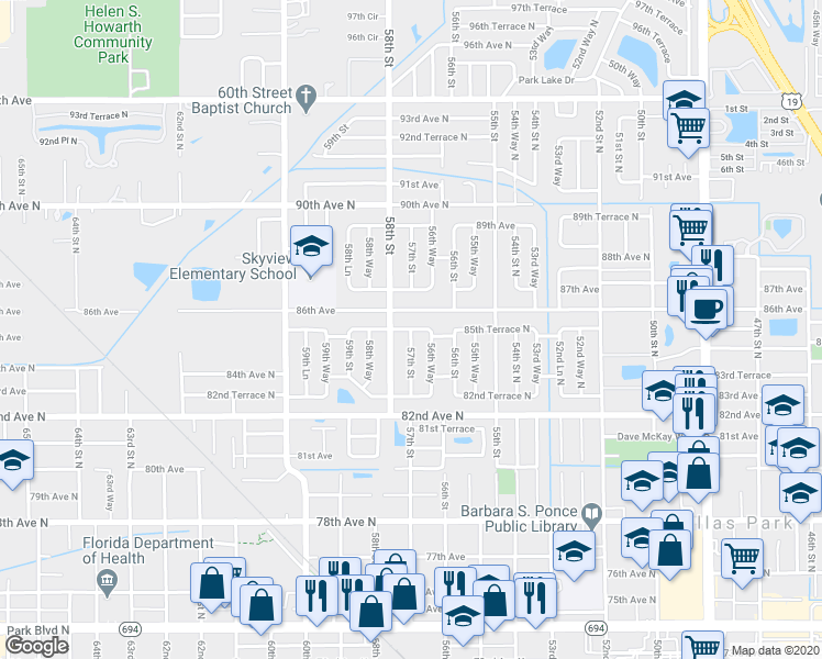 map of restaurants, bars, coffee shops, grocery stores, and more near 5700 85th Terrace in Pinellas Park