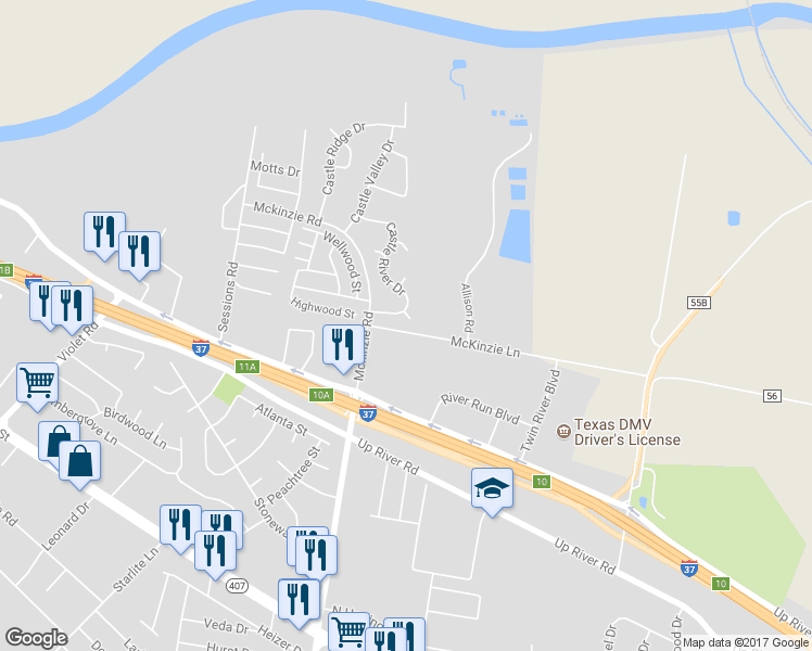 map of restaurants, bars, coffee shops, grocery stores, and more near 3606 Castle Rock Circle in Corpus Christi