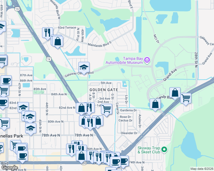 map of restaurants, bars, coffee shops, grocery stores, and more near 82222 F Street in Pinellas Park