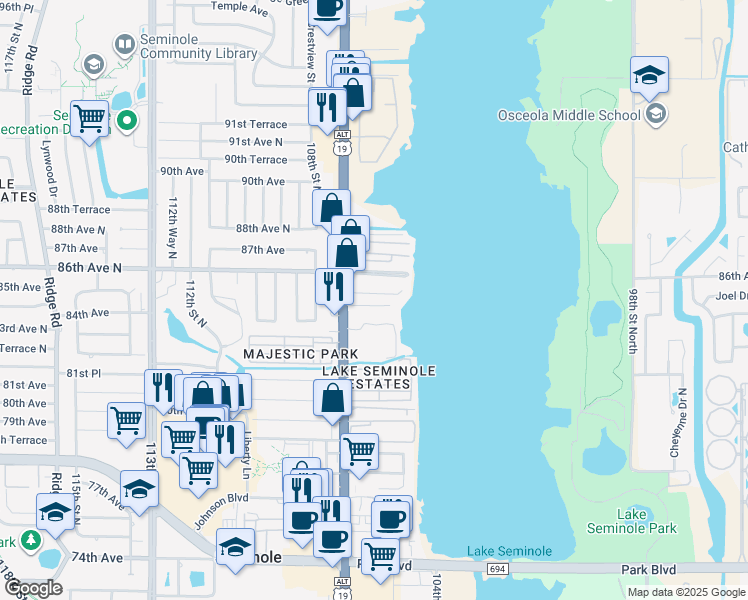 map of restaurants, bars, coffee shops, grocery stores, and more near 8383 Seminole Boulevard in Seminole