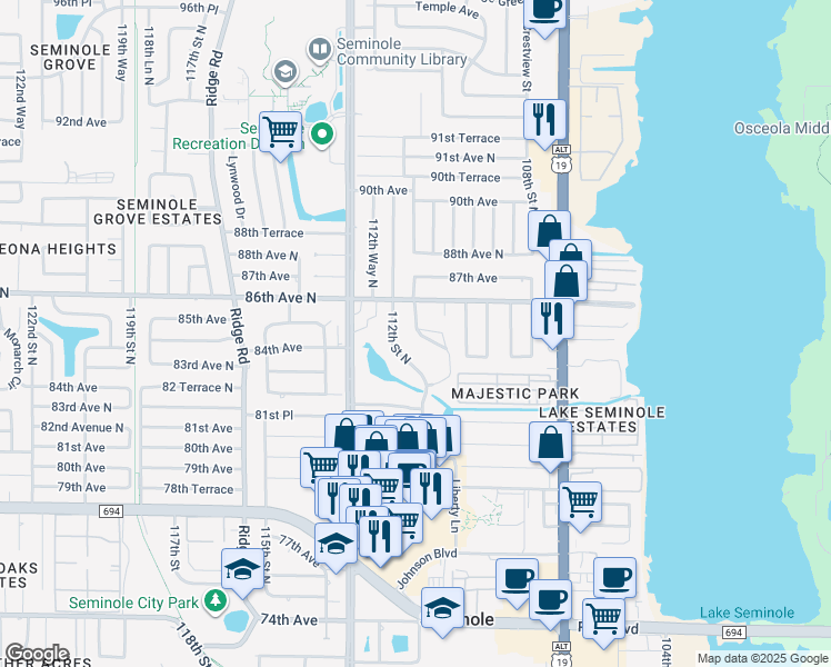 map of restaurants, bars, coffee shops, grocery stores, and more near 8402 111th Street North in Seminole