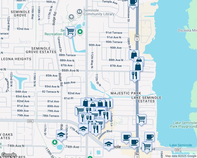 map of restaurants, bars, coffee shops, grocery stores, and more near 8350 112th Street North in Seminole