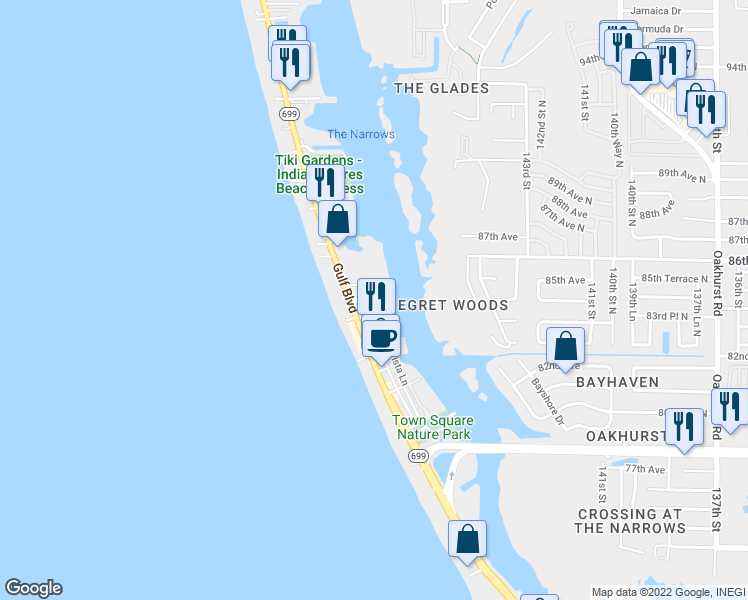 map of restaurants, bars, coffee shops, grocery stores, and more near 19417 Gulf Boulevard in Indian Shores