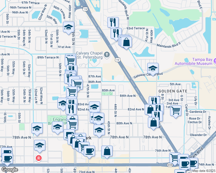 map of restaurants, bars, coffee shops, grocery stores, and more near 4500 85th Terrace North in Pinellas Park