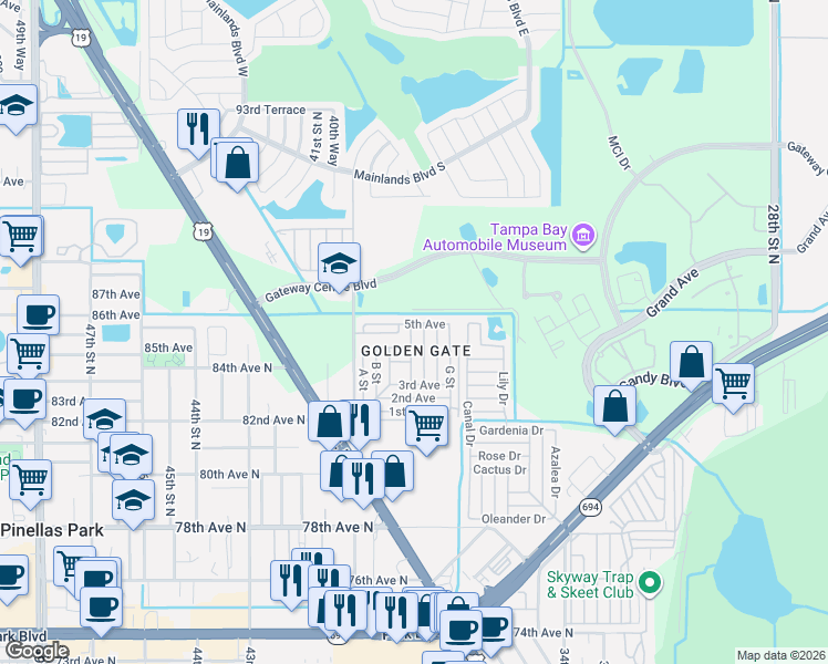 map of restaurants, bars, coffee shops, grocery stores, and more near 82146 4th Avenue in Pinellas Park