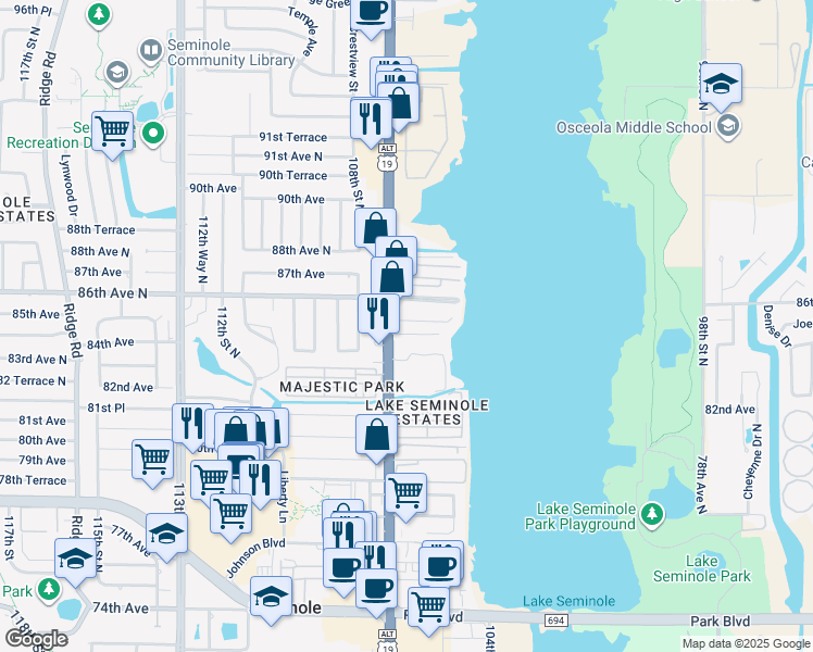 map of restaurants, bars, coffee shops, grocery stores, and more near 8383 Seminole Boulevard in Seminole