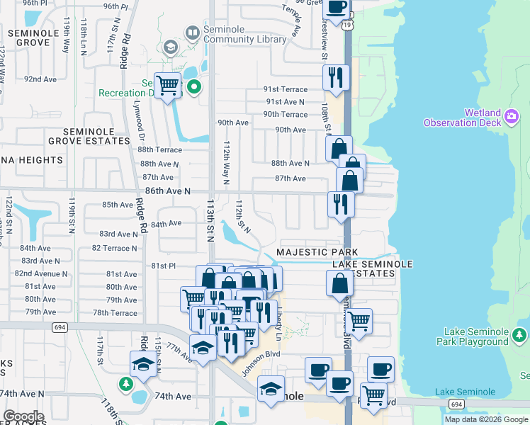 map of restaurants, bars, coffee shops, grocery stores, and more near 8402 111th Street North in Seminole