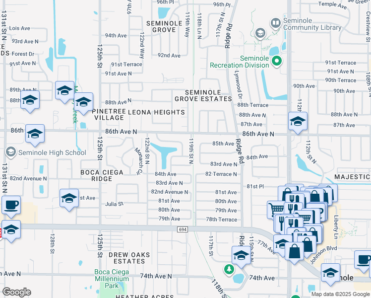 map of restaurants, bars, coffee shops, grocery stores, and more near 11948 85th Terrace in Seminole