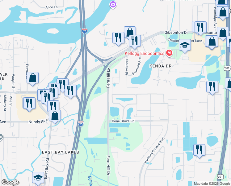 map of restaurants, bars, coffee shops, grocery stores, and more near 10306 Boggy Moss Drive in Riverview