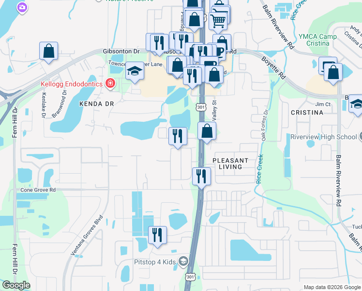map of restaurants, bars, coffee shops, grocery stores, and more near 10335 Summer Azure Drive in Riverview