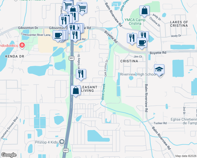 map of restaurants, bars, coffee shops, grocery stores, and more near 10416 Pleasant Boulevard in Riverview