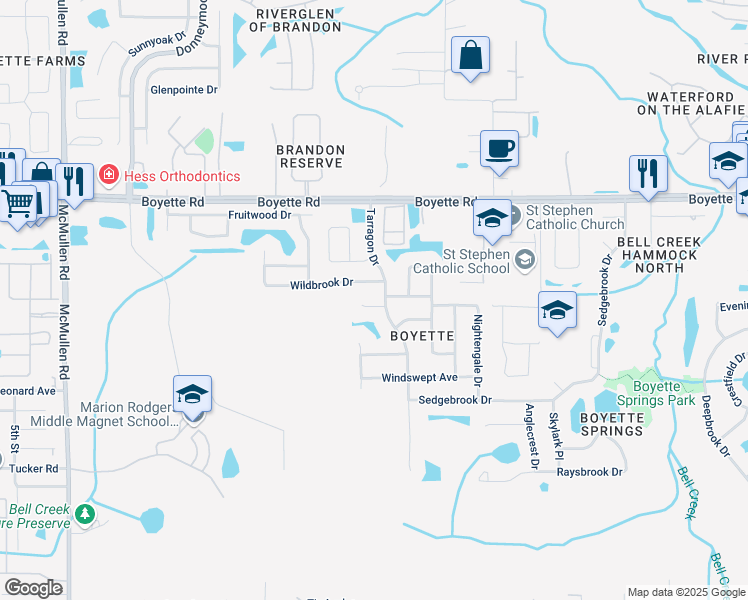 map of restaurants, bars, coffee shops, grocery stores, and more near 10205 Tarragon Drive in Riverview