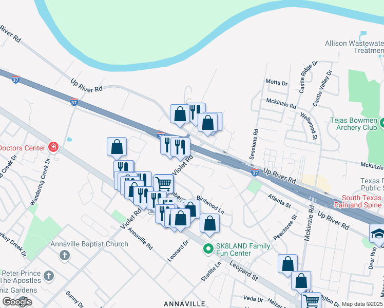 map of restaurants, bars, coffee shops, grocery stores, and more near 4683 Violet Road in Corpus Christi