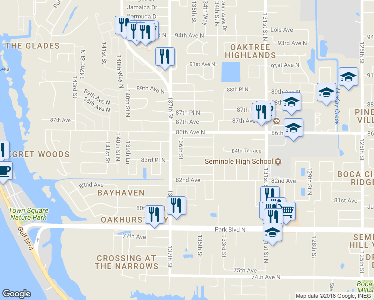 map of restaurants, bars, coffee shops, grocery stores, and more near 13584 Binglewood Avenue in Seminole