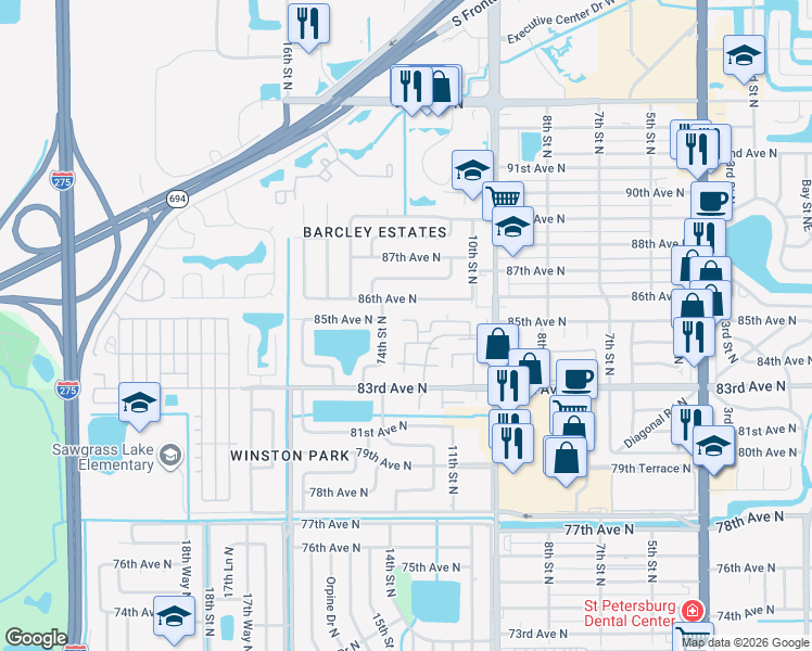 map of restaurants, bars, coffee shops, grocery stores, and more near 8507 12th Way North in St. Petersburg