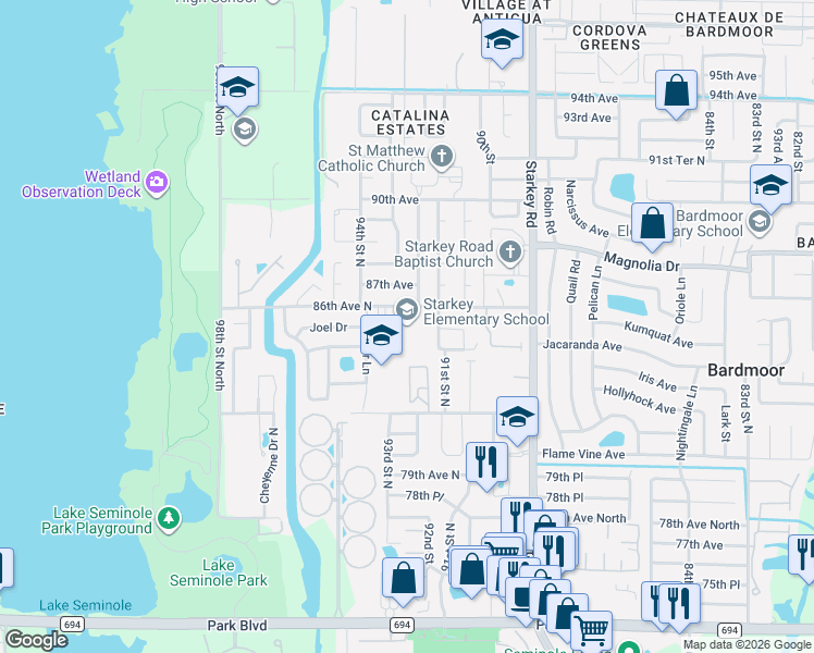 map of restaurants, bars, coffee shops, grocery stores, and more near 9300 86th Avenue in Seminole