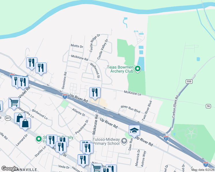 map of restaurants, bars, coffee shops, grocery stores, and more near 3606 Castle Rock Circle in Corpus Christi