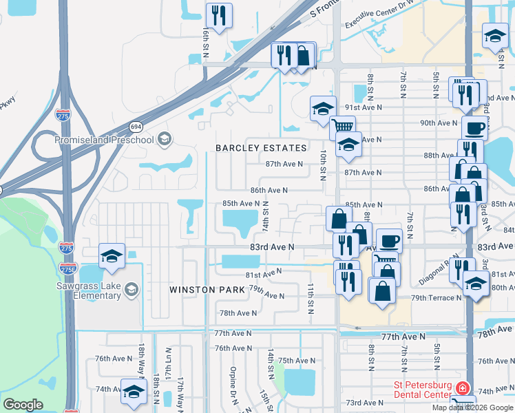 map of restaurants, bars, coffee shops, grocery stores, and more near 1414 85th Avenue North in St. Petersburg