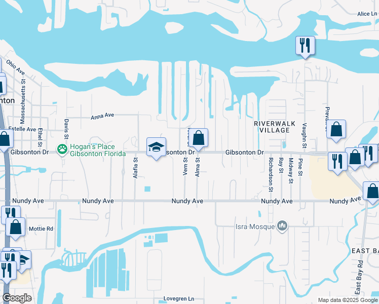 map of restaurants, bars, coffee shops, grocery stores, and more near Gibsonton Drive in Gibsonton