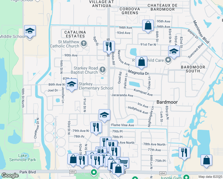 map of restaurants, bars, coffee shops, grocery stores, and more near in Seminole