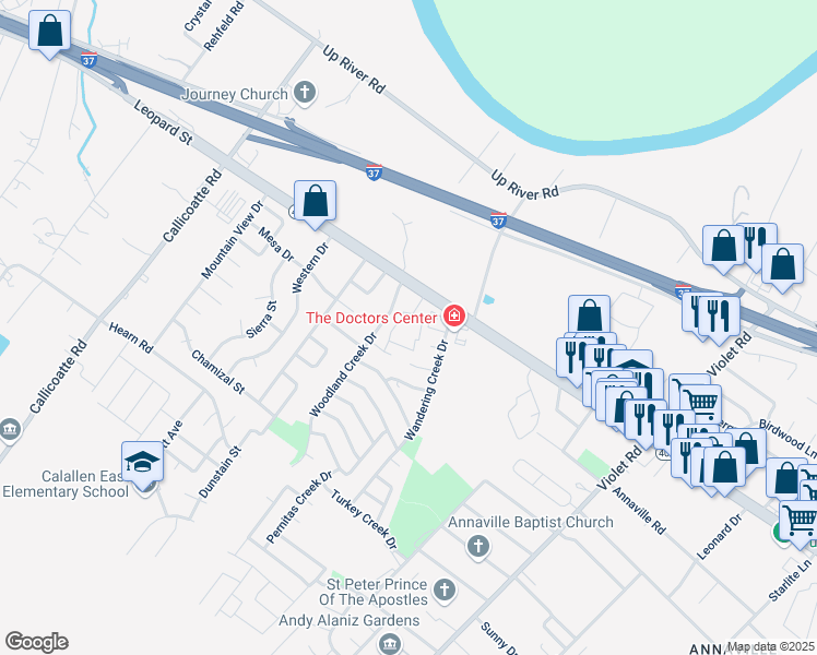 map of restaurants, bars, coffee shops, grocery stores, and more near 4338 Woodland Creek Drive in Corpus Christi
