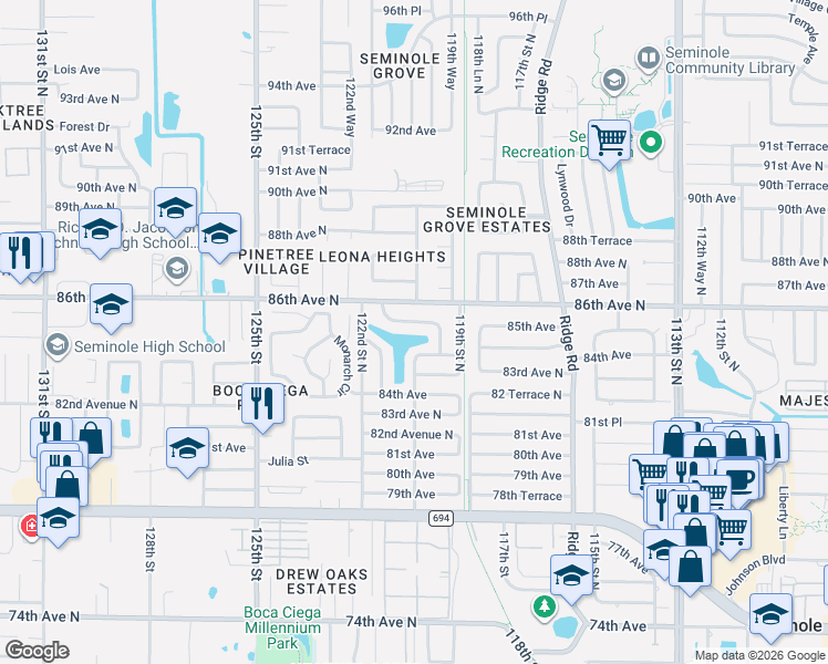 map of restaurants, bars, coffee shops, grocery stores, and more near 12098 86th Avenue North in Seminole