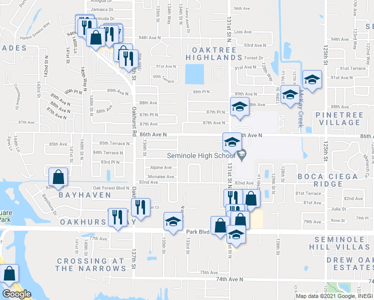map of restaurants, bars, coffee shops, grocery stores, and more near 13914 84th Terrace in Seminole