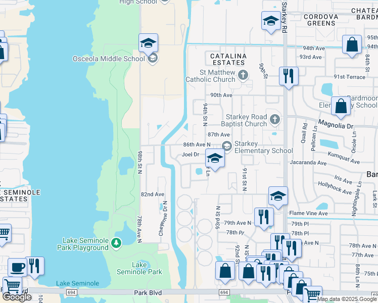 map of restaurants, bars, coffee shops, grocery stores, and more near 9495 Joel Drive in Seminole