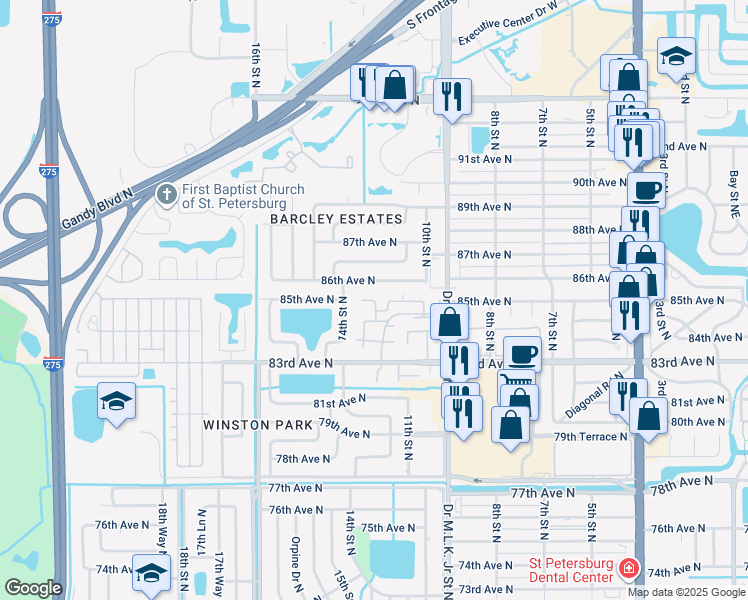 map of restaurants, bars, coffee shops, grocery stores, and more near 1248 86th Avenue North in St. Petersburg