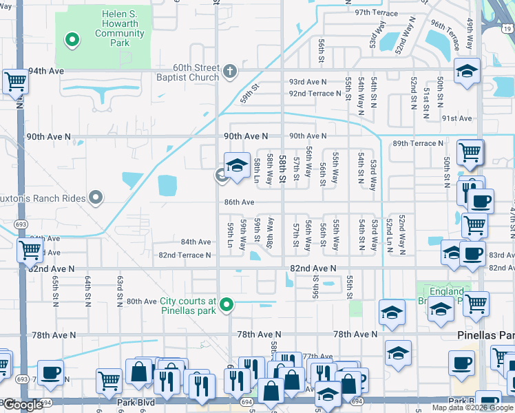 map of restaurants, bars, coffee shops, grocery stores, and more near 5875 86th Avenue in Pinellas Park