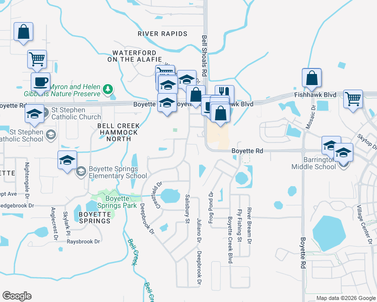 map of restaurants, bars, coffee shops, grocery stores, and more near 10206 Deepbrook Drive in Riverview