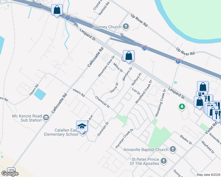 map of restaurants, bars, coffee shops, grocery stores, and more near 4215 Canyon Street in Corpus Christi