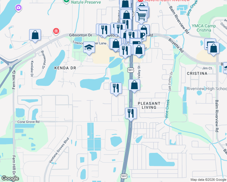 map of restaurants, bars, coffee shops, grocery stores, and more near 10625 Lake Montauk Drive in Riverview