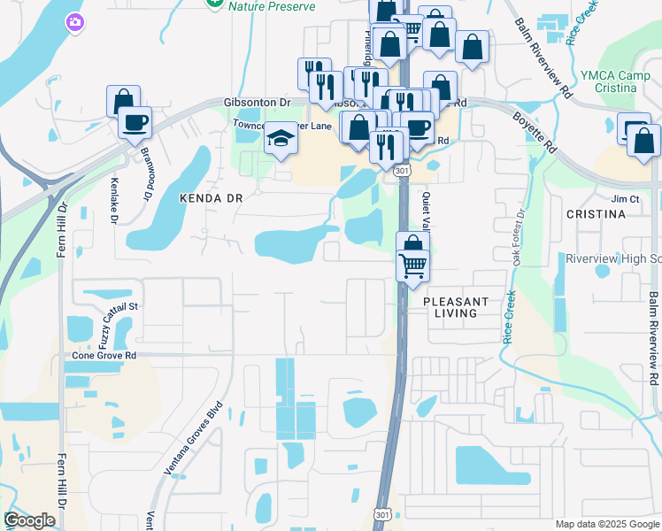 map of restaurants, bars, coffee shops, grocery stores, and more near 10522 Lake Montauk Drive in Riverview
